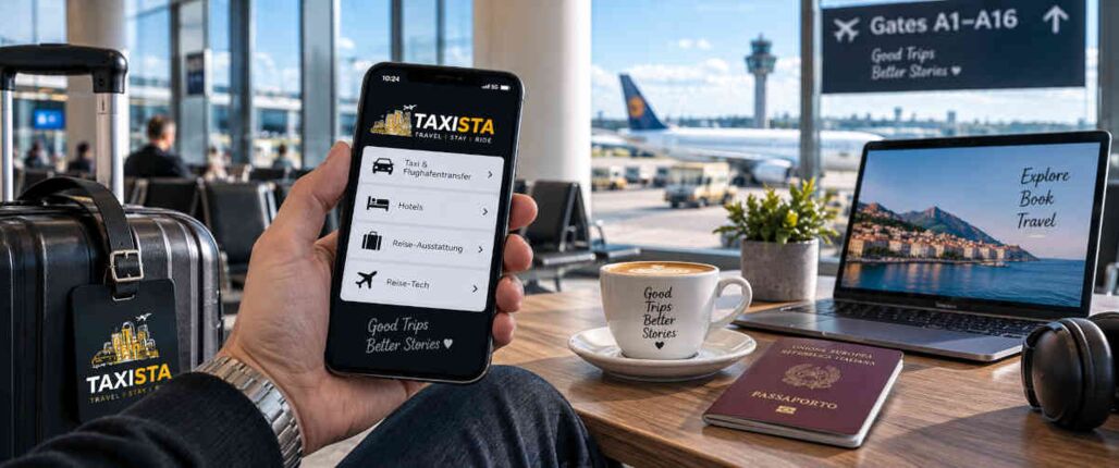 Reisender am Flughafen mit Smartphone, Gepäck und digitaler Reise-Technik für die Reiseplanung unterwegs