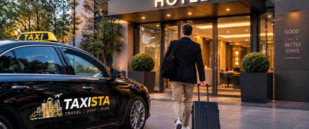 Reisender mit Koffer bei der Ankunft am Hotel nach einer Taxifahrt